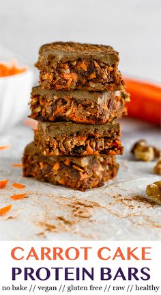 carrot cake protein bars stacked on top of each other with text overlay that reads carrot cake protein bars