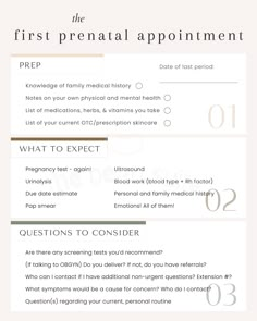 the first prenatal appointment form is shown in white and gold, with an image of