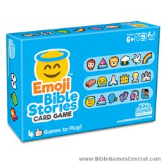 the emoji bible stories card game is shown in its box, and it's blue