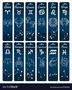 zodiac signs and their names on blue paper with stars in the sky, set of twelve