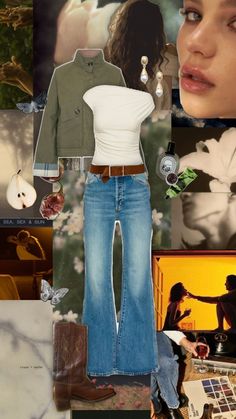 a collage of photos with different items including jeans, shoes and jackets on them