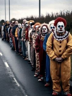 a long line of clowns are lined up on the side of the road