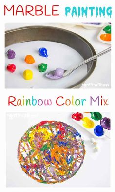 marble painting rainbow color mix in a pan with spoons and candy on the side