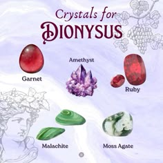 the crystals for dionysiss are shown in this image, with their names and meanings