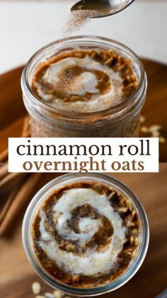 cinnamon roll overnight oats in a glass jar with spoon on the side and text overlay that reads cinnamon roll overnight oats