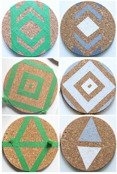 cork coasters decorated with different shapes and sizes are shown in four different colors, including green, blue, brown, and white