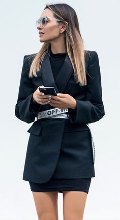 Maria Hatzistefanis - Mrs Rodial - Balenciaga Blazer dress - Off White Belt - Street Style - Power Dressing Maria Hatzistefanis, Balenciaga Blazer, Chic Style Outfits, Off White Belt, Older Women Fashion, Women Fashion Edgy, Power Dressing, Womens Fashion Edgy, White Belt