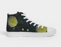 Nature themed high tops canvas shoes for women. Cool sneakers for girls. Part of WickedYo's Planet Nature Collection. Celebrating the natural beauty of our world, this series of activewear and casual shoes is for nature lovers. Here is WickedYo's tribute to the beauty of the floral world around us with this design- the Lemon Dahlias, designed by Jooots. Go Green [and a few petals of yellow] and tell the world that you care, for Nature- as you play, chill and shuffle. Gift, create your #sliceofjo Sneakers For Girls, Cool Sneakers, Country Gifts, Cool Fashion, Nature Collection, Sneakers For Women, Canvas Shoes Women, Nature Themed, Girls Sneakers