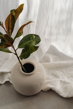 a white vase with a plant in it sitting on a cloth covered floor next to a curtain