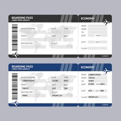 two airline boarding cards with the map of the world on them and an airplane in the background royalty illustration