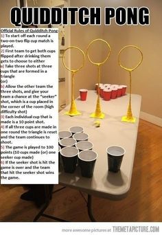 there is a table with cups on it and the words quidditch pong