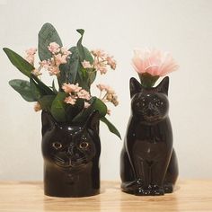 two black ceramic cats with flowers in them