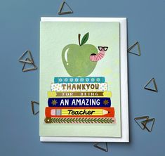 a card with an apple on top of books and the words thank you for being an amazing teacher