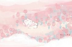 an image of hello kitty flying in the sky with pink clouds and flowers on it