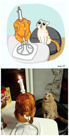 a cat sitting in front of a turkey on a table next to a lit candle