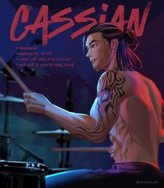 a man with tattoos playing drums in front of a drum set and the words cassian written on it