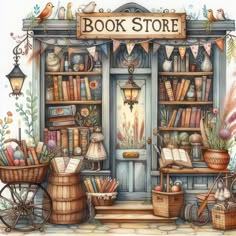 a painting of a book store with lots of books on the shelves and baskets in front of it