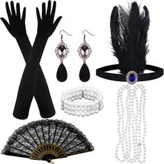 PRICES MAY VARY. ❤【1920S FLAPPER ACCESSORIES SET】This super-value pack including:1 pair 1920s long black gloves; 1 pair earrings; 1 pearl necklace; 1 lesbine folding fan; 1 flapper headband; 1 artificial pearl bracelet ❤【HEADPIECE & GLOVES】Vintage black feather headpieces are elastic to suit most people.Lightweight satin gloves which makes you elegant and attractive. ❤【PEARL NECKLACE & BRACELET】Timeless classic style, necklaces and bracelets are all made from artificial pearls. ❤【BEAUTIFUL PHOTO Black Flapper Accessories For Costume Party, Black Flapper Costume Accessories For Costume Party, Vintage Black Halloween Costume Accessories, Black Gatsby Style Party Costume Accessories, Retro Black Costume Accessories For Party, Retro Black Party Costume Accessories, Black Retro Party Costume Accessories, Vintage Black Costume Accessories For Party, Peaky Blinders Fancy Dress