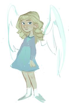 a drawing of an angel girl with blonde hair and blue dress standing in front of a white background