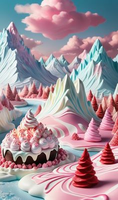 an image of a cake with frosting on it in the middle of some mountains