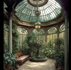 the inside of a glass house with plants and flowers in it's center area