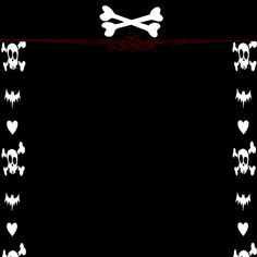 a black background with white skulls and hearts on the bottom, along with red border