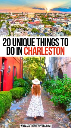 a girl walking down a cobblestone road with the words 20 unique things to do in charleston