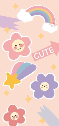 some stickers that are on the side of a pink background with stars and clouds