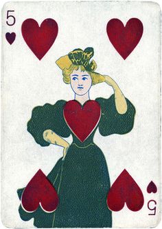 the queen of hearts playing card is shown in red and green, as well as four heart shapes