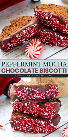 peppermint mocha chocolate biscotti is stacked on top of each other