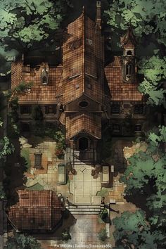 an aerial view of a house surrounded by trees