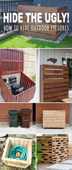 several different types of outdoor storage boxes with text overlay that reads, hide the ugly how to hide outdoor eyesores