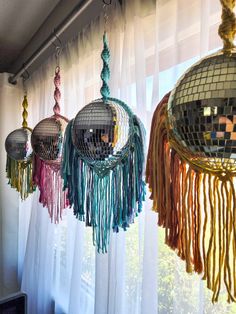 "This listing is for one 8\" round silver disco ball with your choice color cord stem and fringe. Colors canbe customized.  This item is made to order. Processing time is 1-3 weeks." Disco Ball Mobile, Macrame Disco Ball Hanger, Disco Ball Macrame, Disco Balls Aesthetic, Disco Ball Chandelier, Silver Room, Disco Decorations, Disco Balls, Decoration Originale