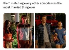 three different pictures of people with text on them that says, they're watching every other episode was the most married thing ever