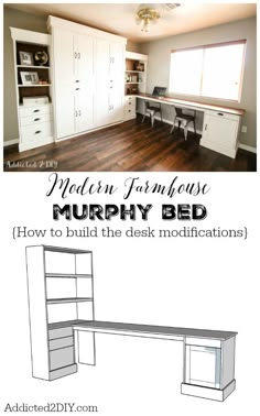 an image of a bedroom with murphy bed and desk in the middle, including cabinets