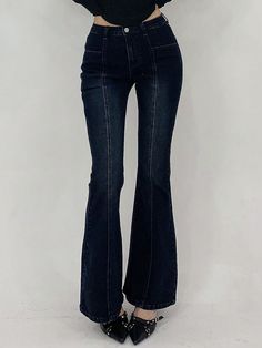 Women's Flare Pocket Casual Versatile Denim Jeans Navy Blue Casual   Denim Plain Flare Leg High Stretch  Women Clothing, size features are:Bust: ,Length: ,Sleeve Length: Dark Blue Flare Jeans, Blue Flare Jeans, Shapewear Tops, Jeans Casual, Casual Athletic, Dark Jeans, Women's Shapewear, Women Denim Jeans, Women Corset