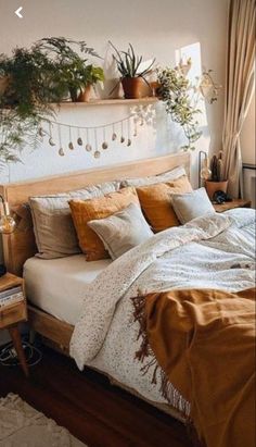 a bed sitting in a bedroom next to a window with potted plants on top of it