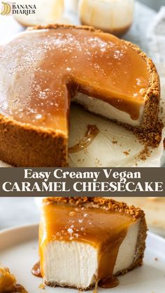 an easy creamy vegan caramel cheesecake on a white plate