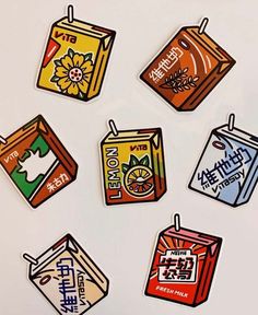 six stickers with different types of tea bags on them, all in various colors