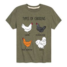 He'll love showing off his own style with this boys' Types Of Chickens Graphic Tee. Short sleeves CrewneckFABRIC & CARE Imported Machine wash Cotton, polyester Licensed Character He'll love showing off his own style with this boys' Types Of Chickens Graphic Tee. He'll love showing off his own style with this boys' Types Of Chickens Graphic Tee. Size: X Large. Color: Green. Gender: male. Age Group: kids. Types Of Chickens, Rhode Island Red, Plymouth Rock, Chicken Shirts, Own Style, How To Show Love, Fabric Care, Graphic Tee, Age Group