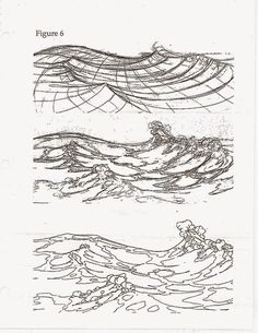 an ink drawing of the ocean with waves coming up from it and another drawing in the background