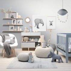 a baby's room with grey and white decor