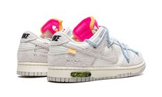 The Off-White x Nike Dunk Low “Lot 38” is one of multiple colorways of the vintage basketball shoe designed by Virgil Abloh for the “Lot 50” collection.  The series, which was released by Nike in August 2021, features 50 unique colorways of the classic low-top shoe.  “Lot 38” features a Sail leather base with Neutral Grey suede panels and Swoosh branding.  Black “Nike” branding appears on the heel and Off-White’s signature Helvetica detailing is found on the medial side.  A secondary, bungee cord-like lacing system appears on the upper.  The look originated on the first Off-White x Nike Dunk collection from 2019.  A traditional lacing setup can also be found on the shoe.  On the midsole, a marbled mint yellow-and-black insert with “Lot 38 of 50” branding completes the look.  Release date: Off White Dunks, Nike Dunk Low Off White, Off White Dunk, Off White X Nike, Vans Suede, Perfect Sneakers, Off-white Logo, Vintage Basketball, Dad Shoes