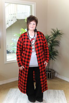 Any time I see buffalo plaid, I get warm feelings of holidays, home and crackling fire places. There's just something about it. This duster features long sleeves and an open front. Mallory is wearing size S/M. Nancy is wearing size XL/2XL. Size Suggestions: S/M: 2-8 M/L: 10-14 XL/2XL: 16-22 Fabric Content: 96% Polyester 4% Spandex Care Instructions: Hand wash, cold. Do not bleach. Hang to dry. SKU: #190948 Plaid Duster, Fire Places, Red Buffalo Plaid, Long Duster, Giddy Up Glamour, How To Get Warm, Last Chance, Only 1, Buffalo Plaid