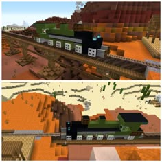 two different views of a train going down the tracks in an animated style, one is green and the other is red