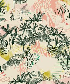 palm trees and birds are painted in pink, blue, yellow, and green on an off - white background