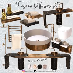 an assortment of bathroom accessories including soaps, toiletries and other items