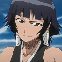 an anime character with black hair staring at the camera