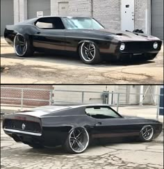 two pictures of an old muscle car in different stages of being painted black and silver