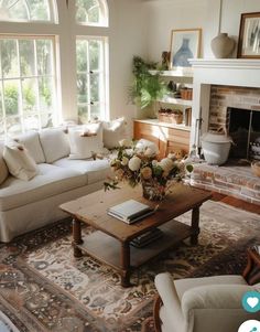 a living room filled with furniture and a fire place in front of a large window